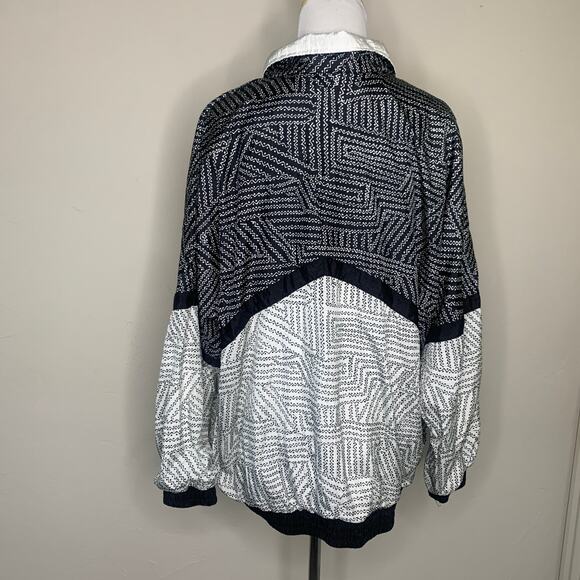 intage Black White Nylon Track Jacket Windbreaker Geometric Pattern Sz 1X - Picture 2 of 7